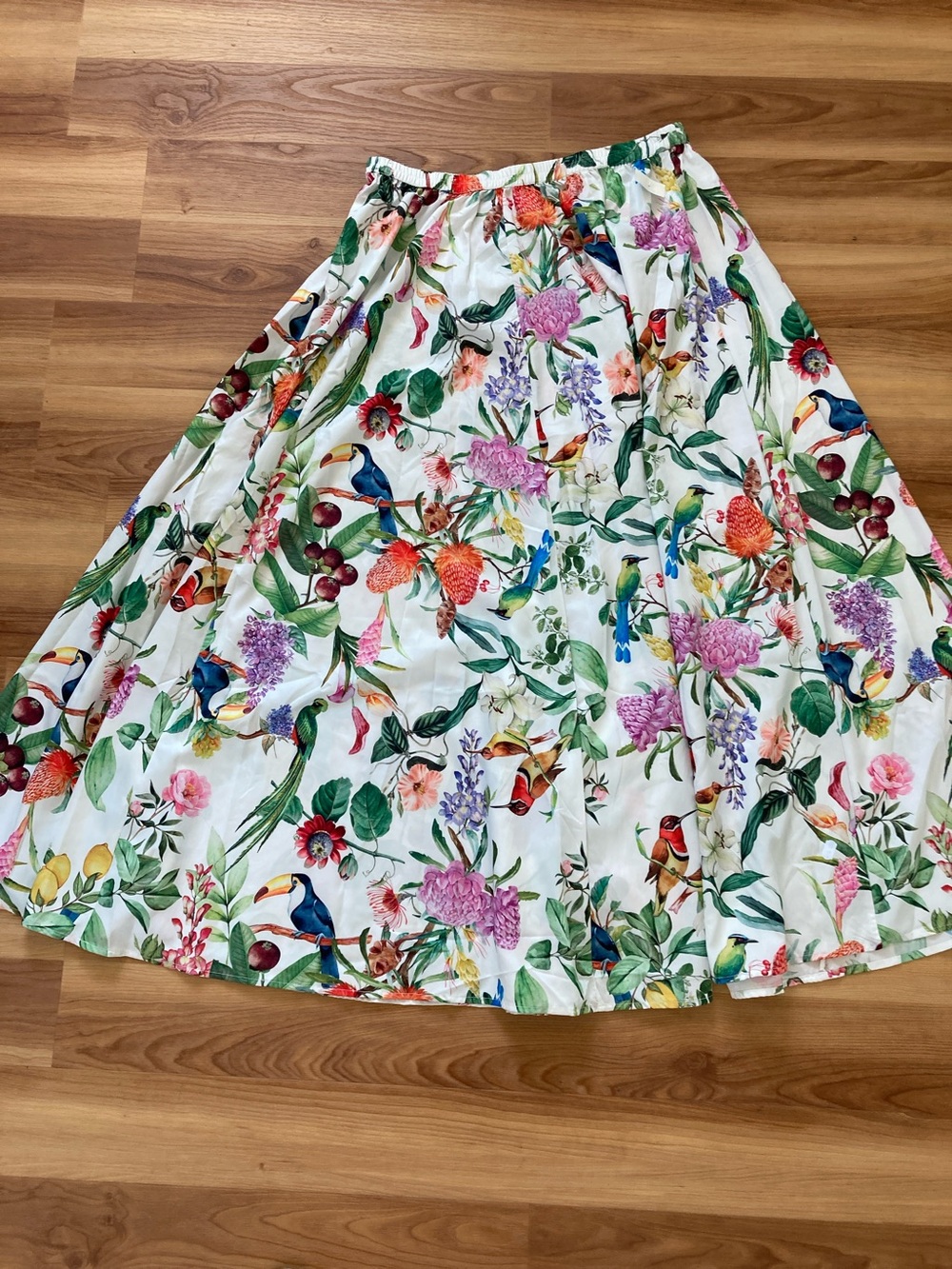 Calypso St. Barth White A-Line Skirt with Colorful Tropical Bird & Floral Print